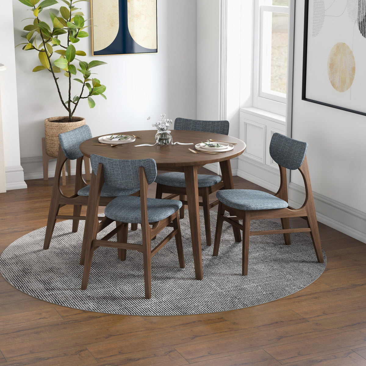 Palmer (Walnut) Round Dining Set With 4 Collins (Grey) Dining Chairs