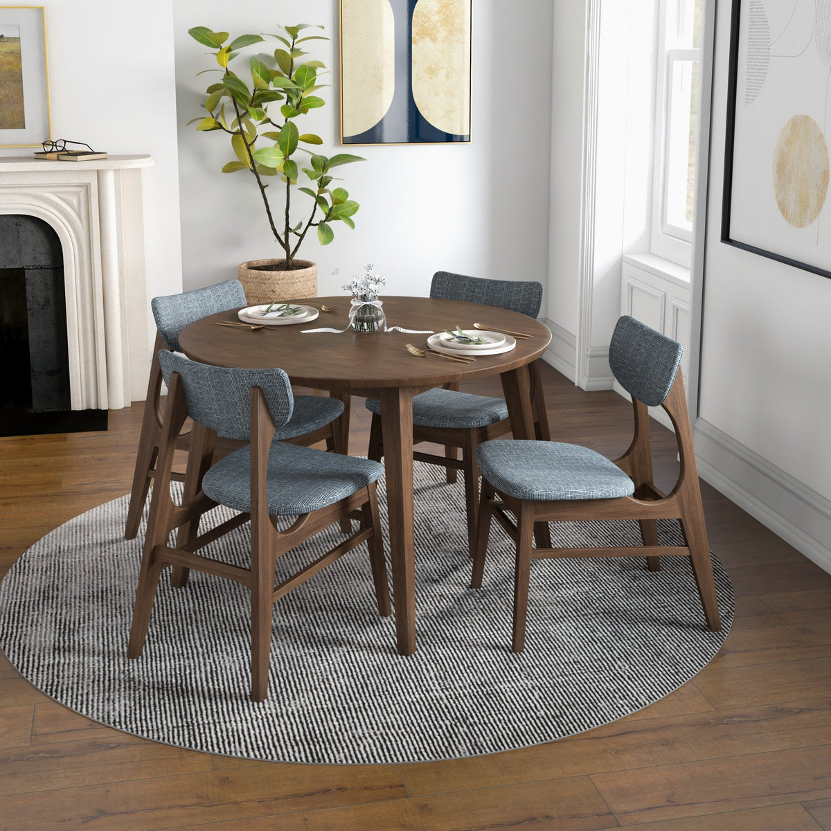 Palmer (Walnut) Round Dining Set With 4 Collins (Grey) Dining Chairs