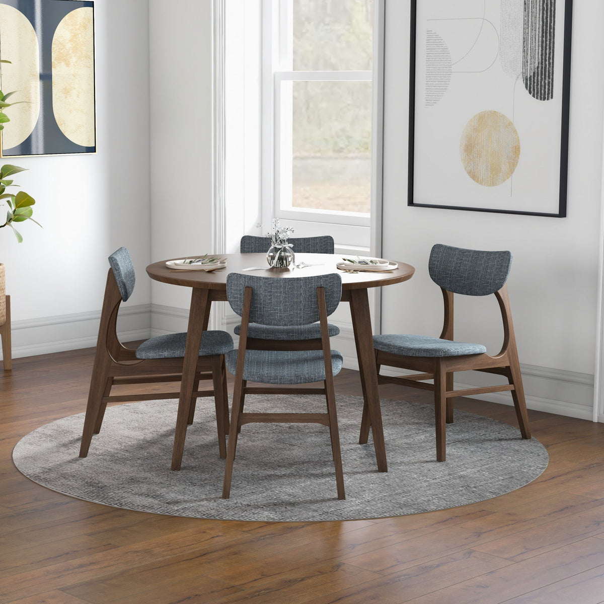 Palmer (Walnut) Round Dining Set With 4 Collins (Grey) Dining Chairs