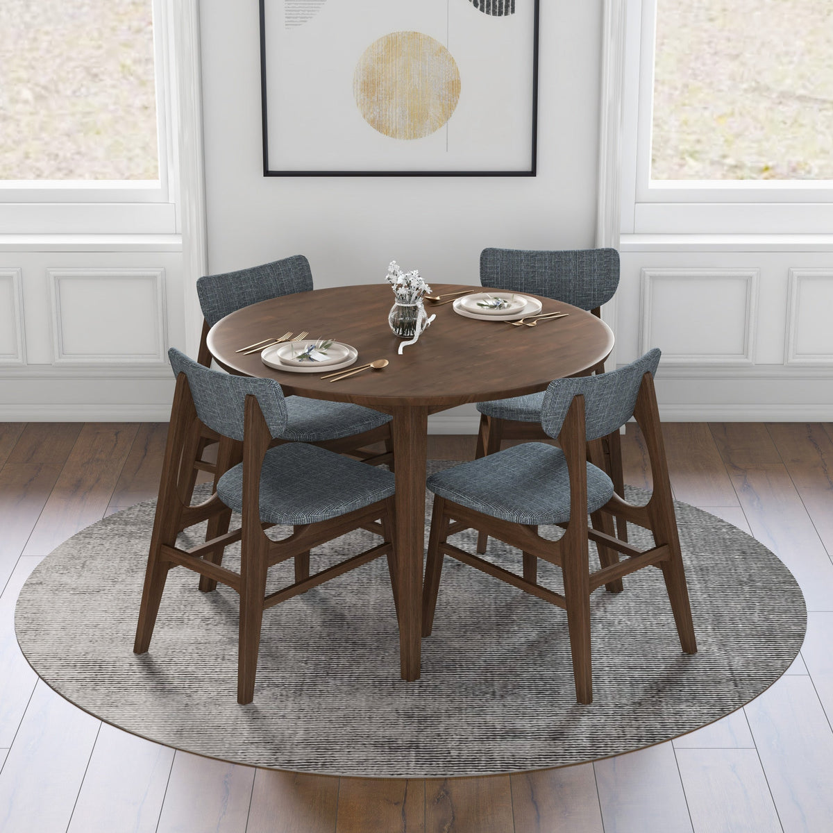 Palmer (Walnut) Round Dining Set With 4 Collins (Grey) Dining Chairs