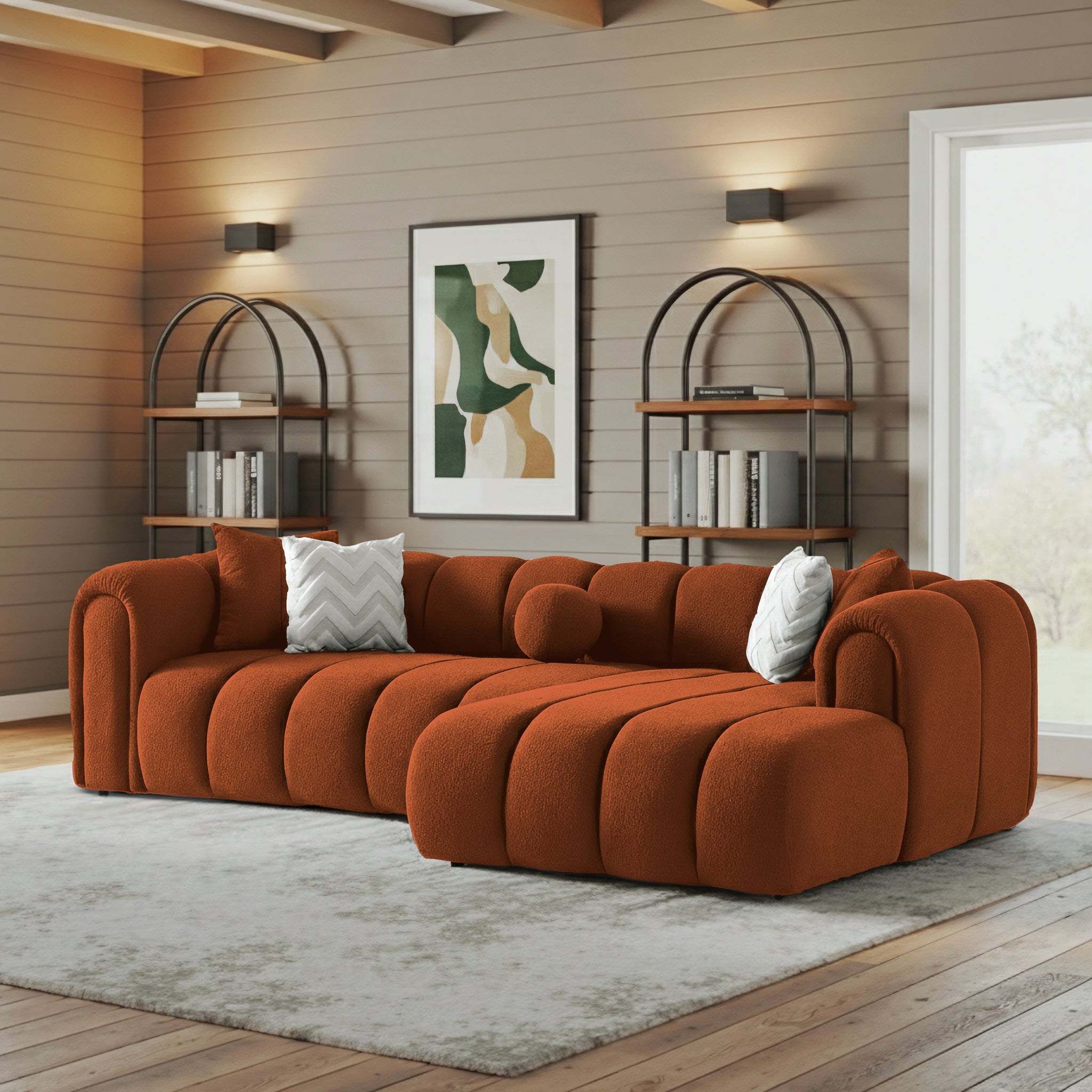 Beatrice Modern Tufted Burnt Orange Boucle Right-Facing Sectional Sofa