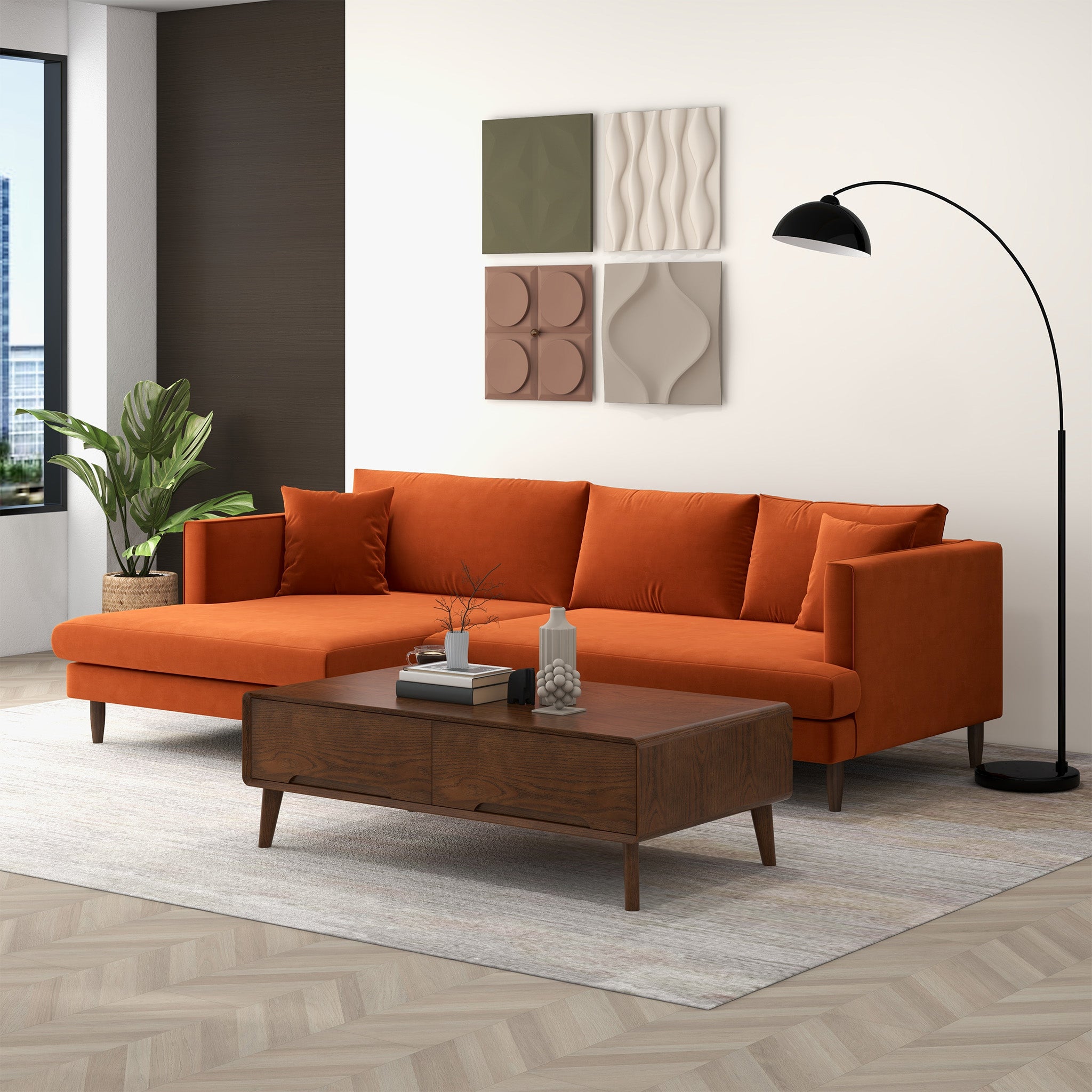 Blake L-Shaped Burnt Orange Velvet Left-Facing Sectional Sofa