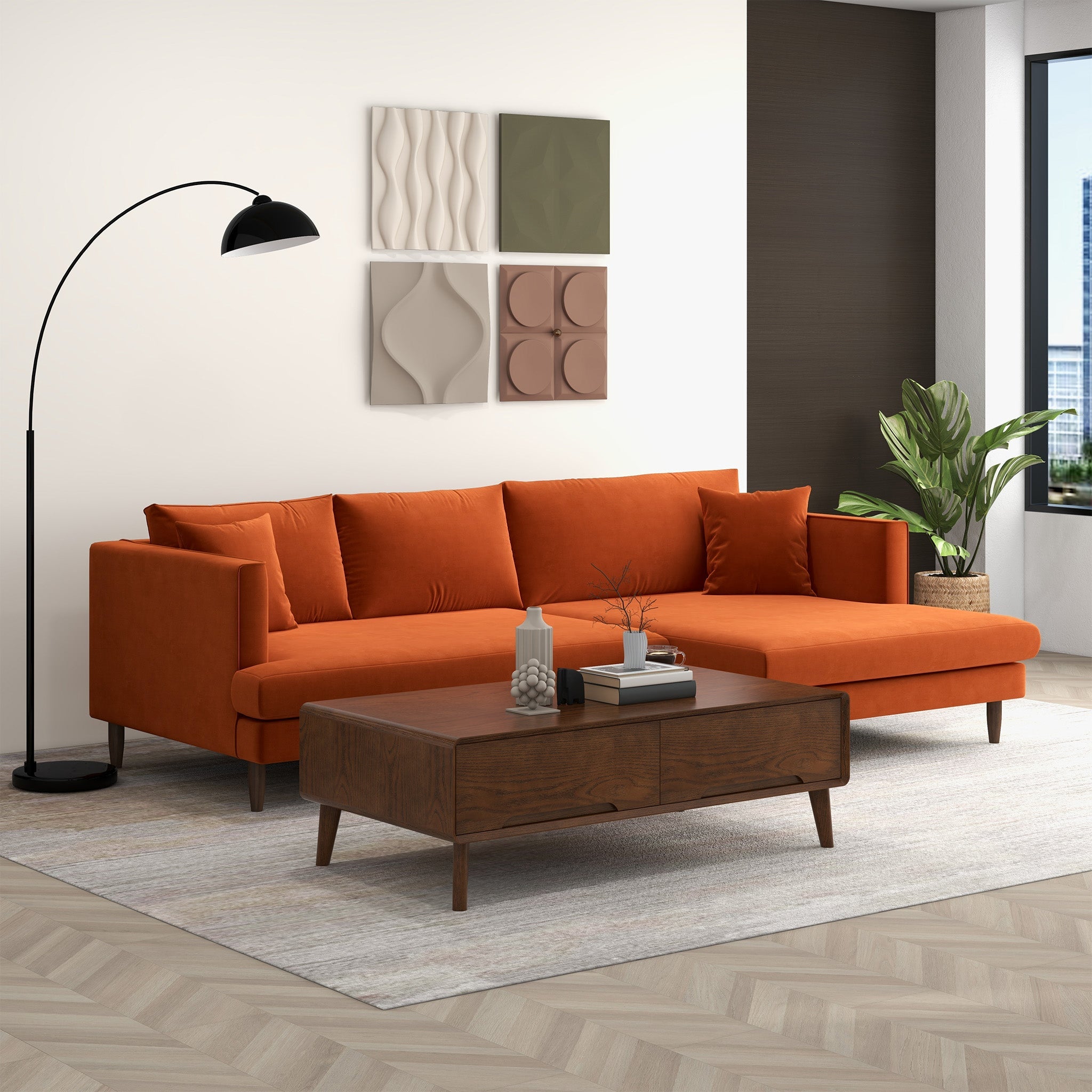 Blake L-Shaped Burnt Orange Velvet Right-Facing Sectional Sofa
