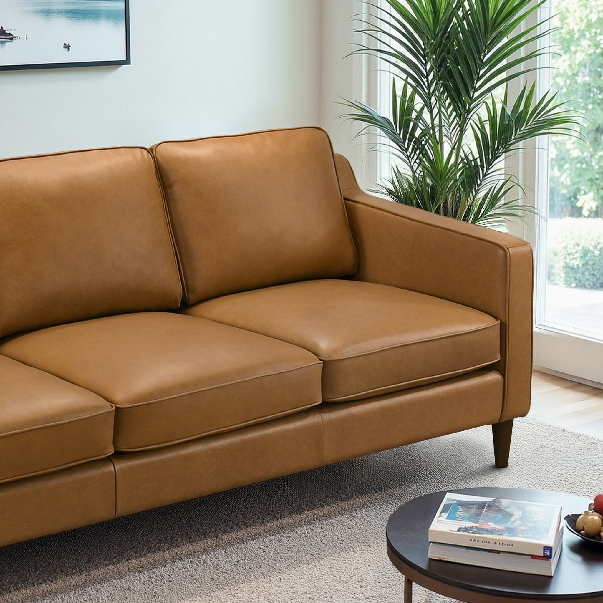 Cooper Mid Century Modern Tan Leather Sofa