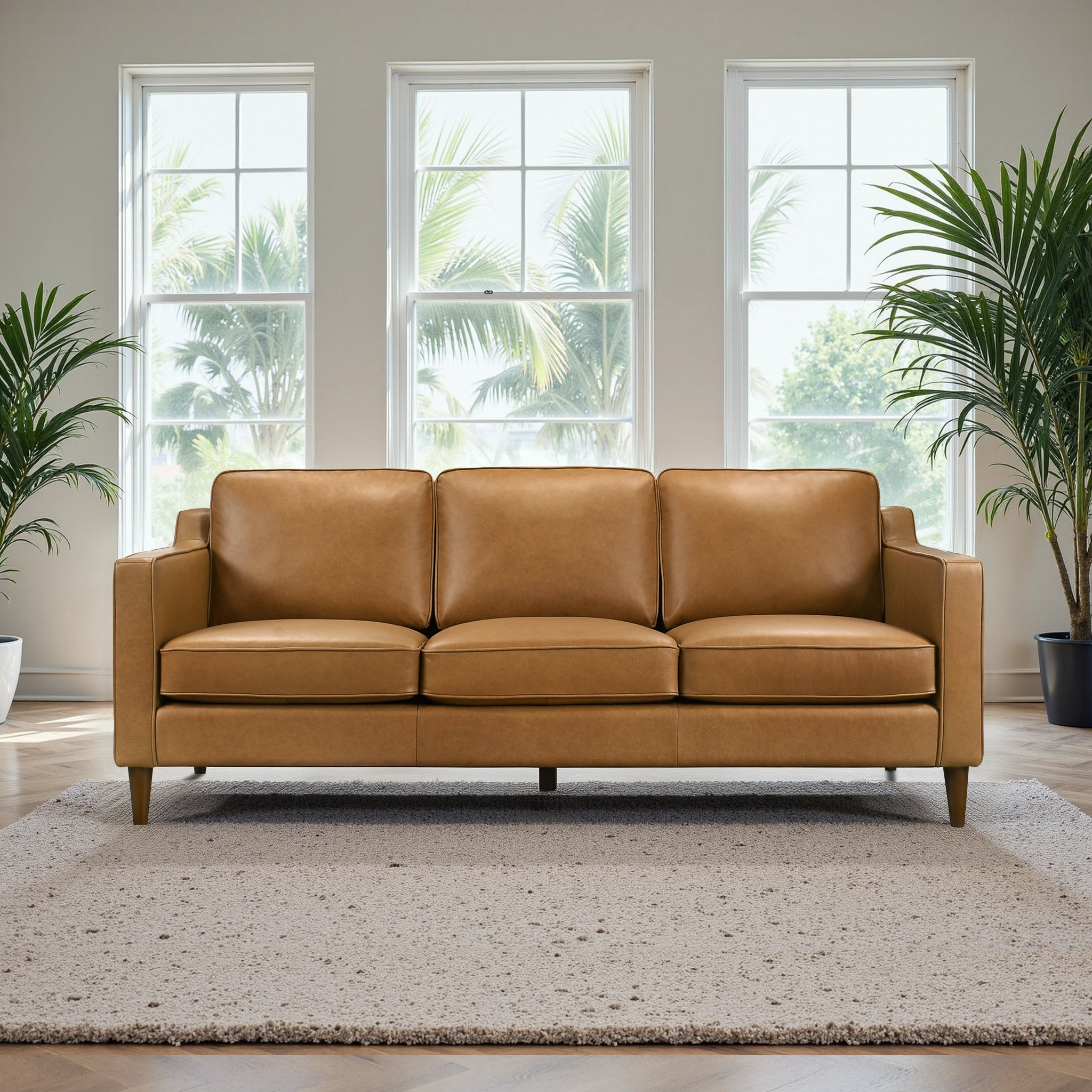 Cooper Mid Century Modern Tan Leather Sofa