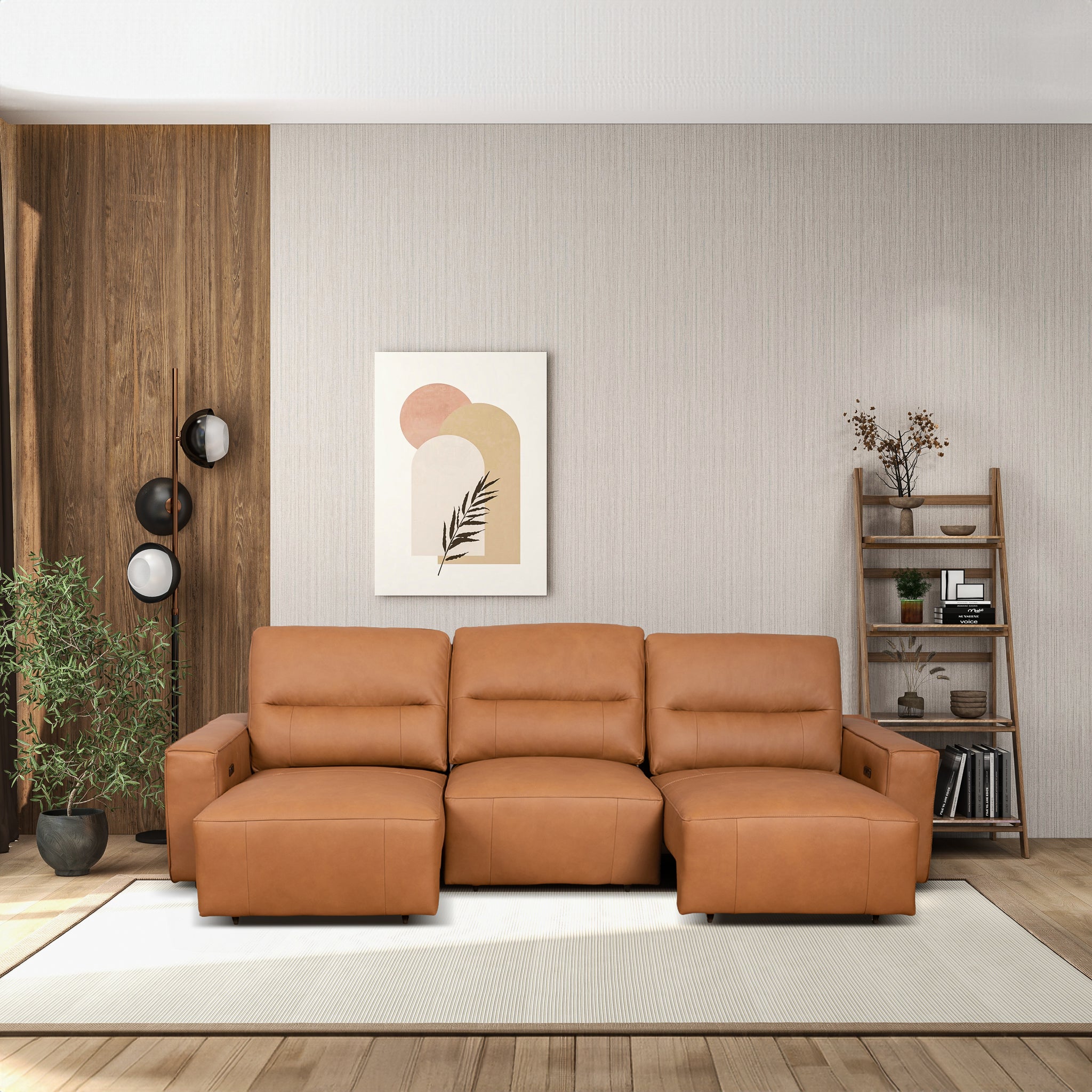 Grant Triple Power Convertible Cognac Leather Sofa