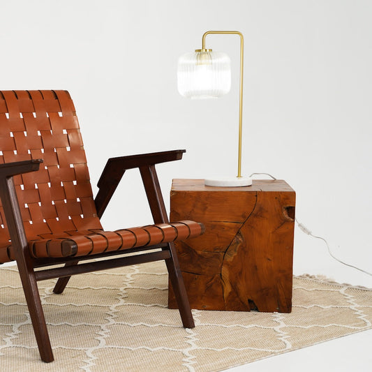 Haven Clear Glass Table Lamp, Gold Brush Metal and Marble Base, Button Control