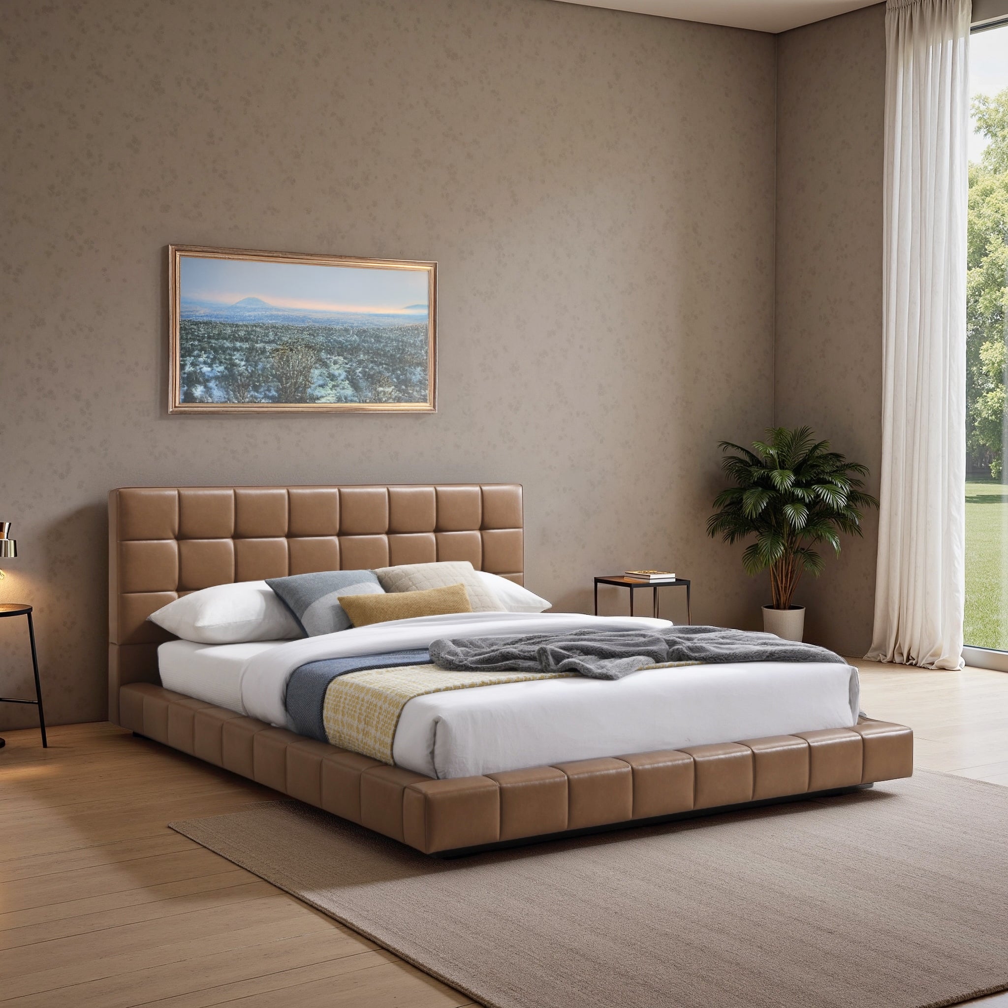 Hudson Tan Vegan Leather Upholstered Queen Platform Bed