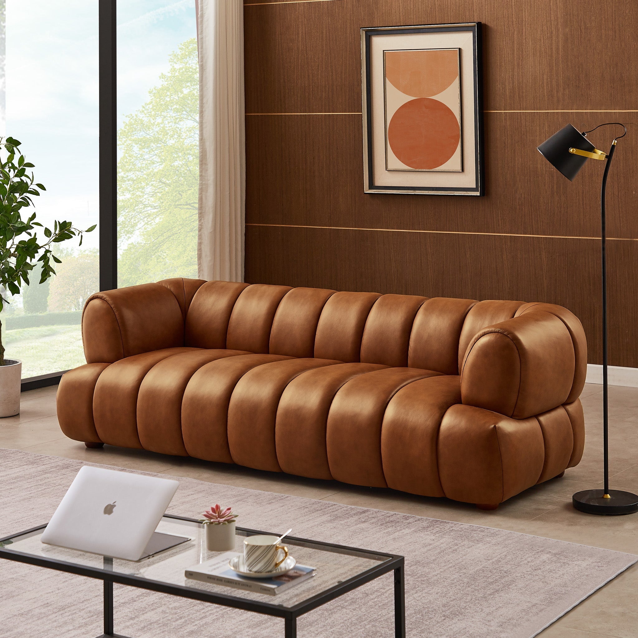 Jasmin Mid-Century Modern Cognac Genuine Leather Sofa
