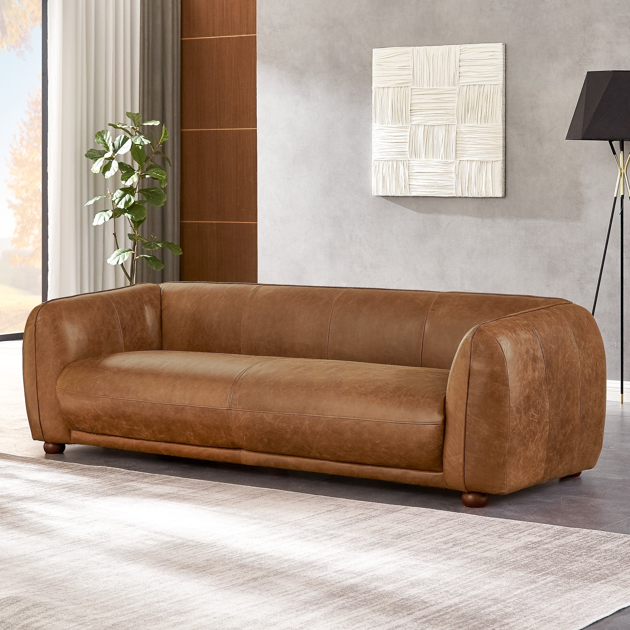 Mila Mid-Century Modern Brown Genuine Leather Sofa