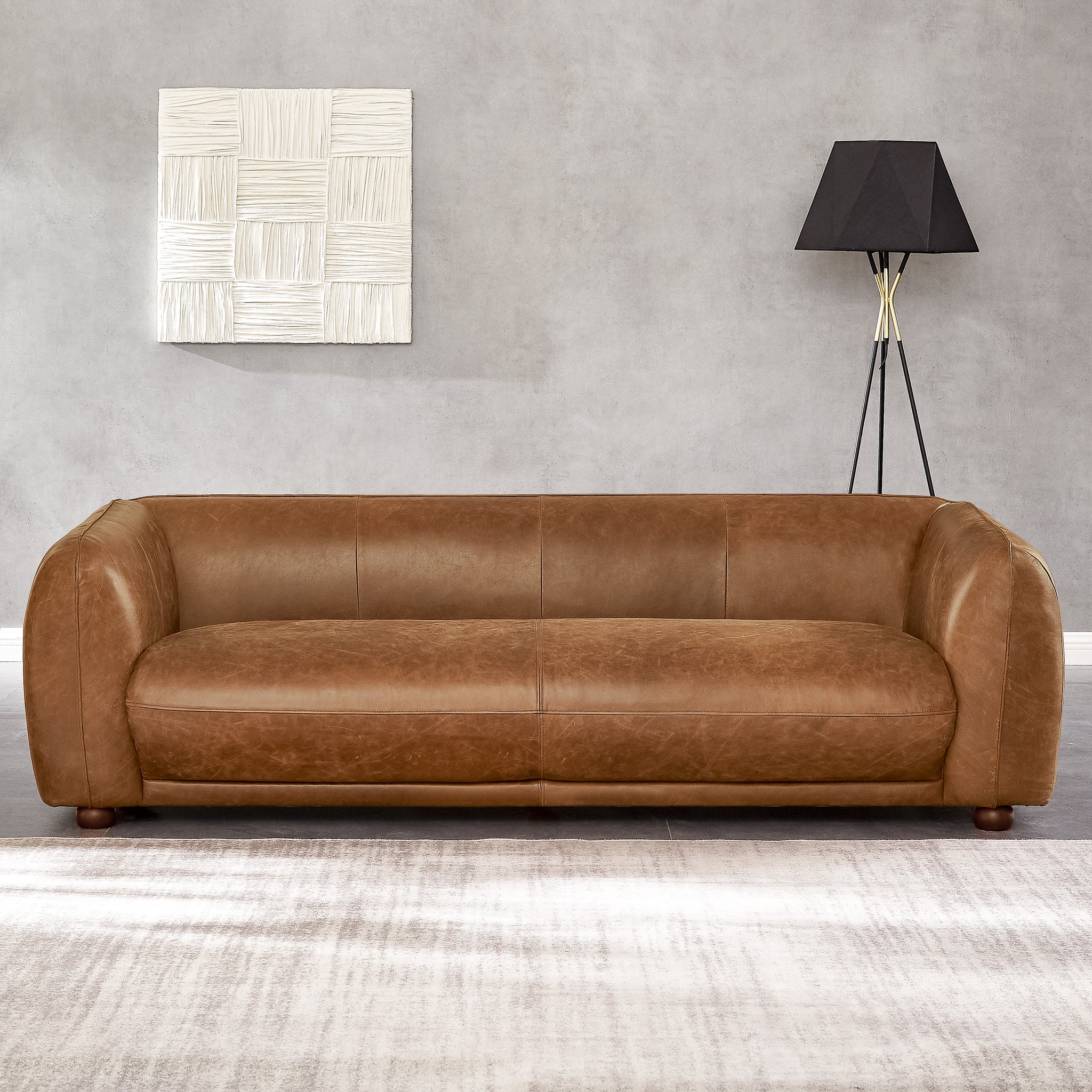 Mila Mid-Century Modern Brown Genuine Leather Sofa