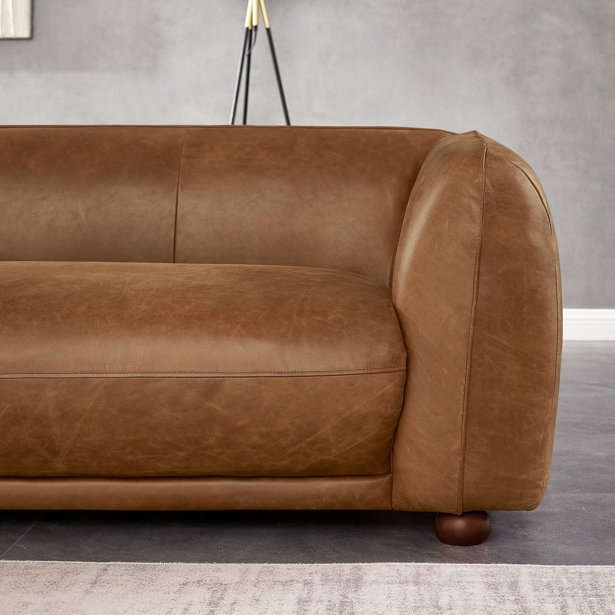 Mila Mid-Century Modern Brown Genuine Leather Sofa
