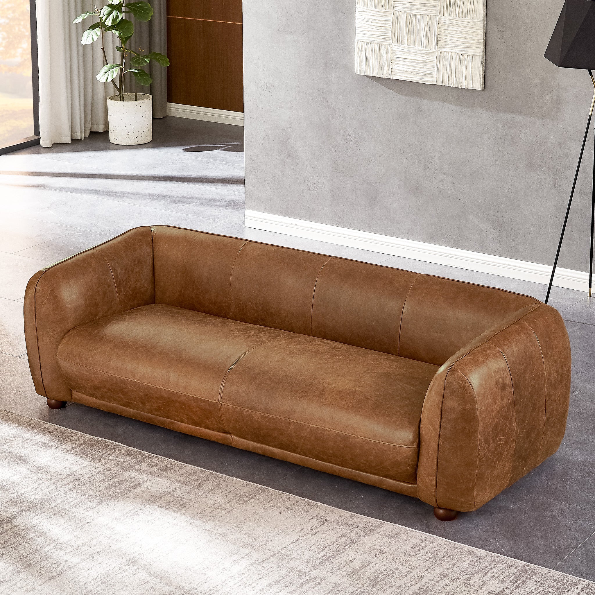 Mila Mid-Century Modern Brown Genuine Leather Sofa
