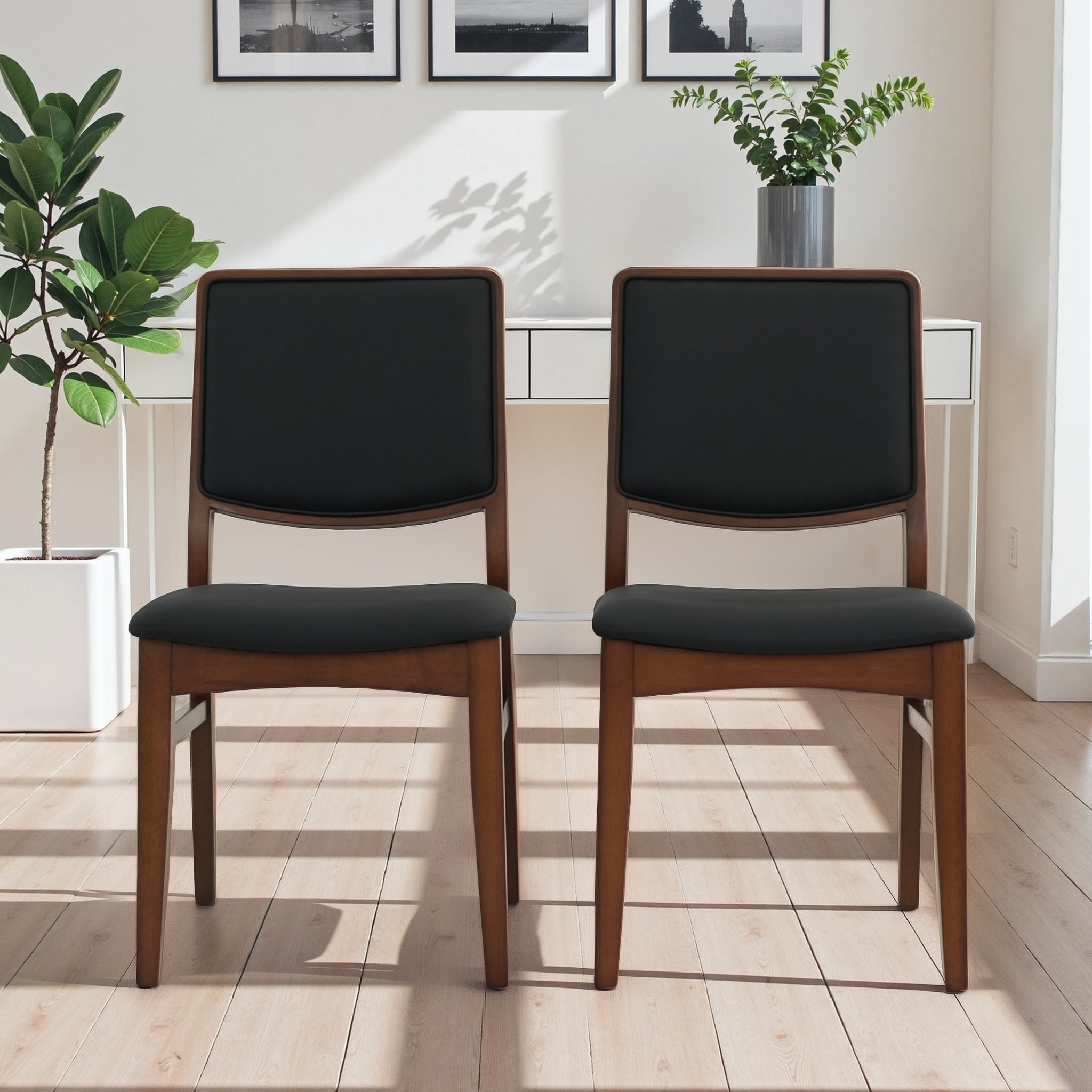 Cary Walnut Finished Solid Wood and Easy Clean Vegan Leather Upholstered Dining Chairs (Set of 2)