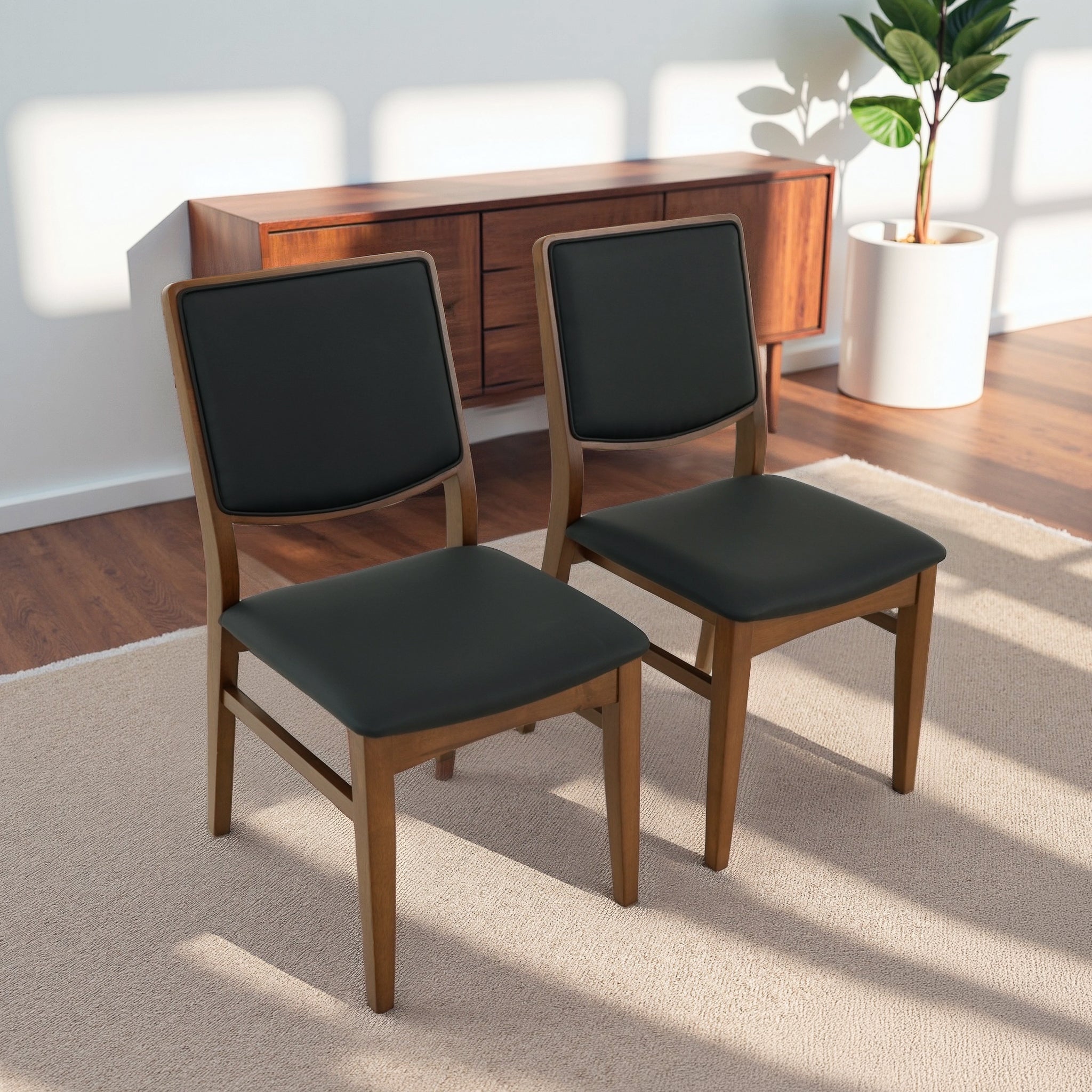 Cary Walnut Finished Solid Wood and Easy Clean Vegan Leather Upholstered Dining Chairs (Set of 2)