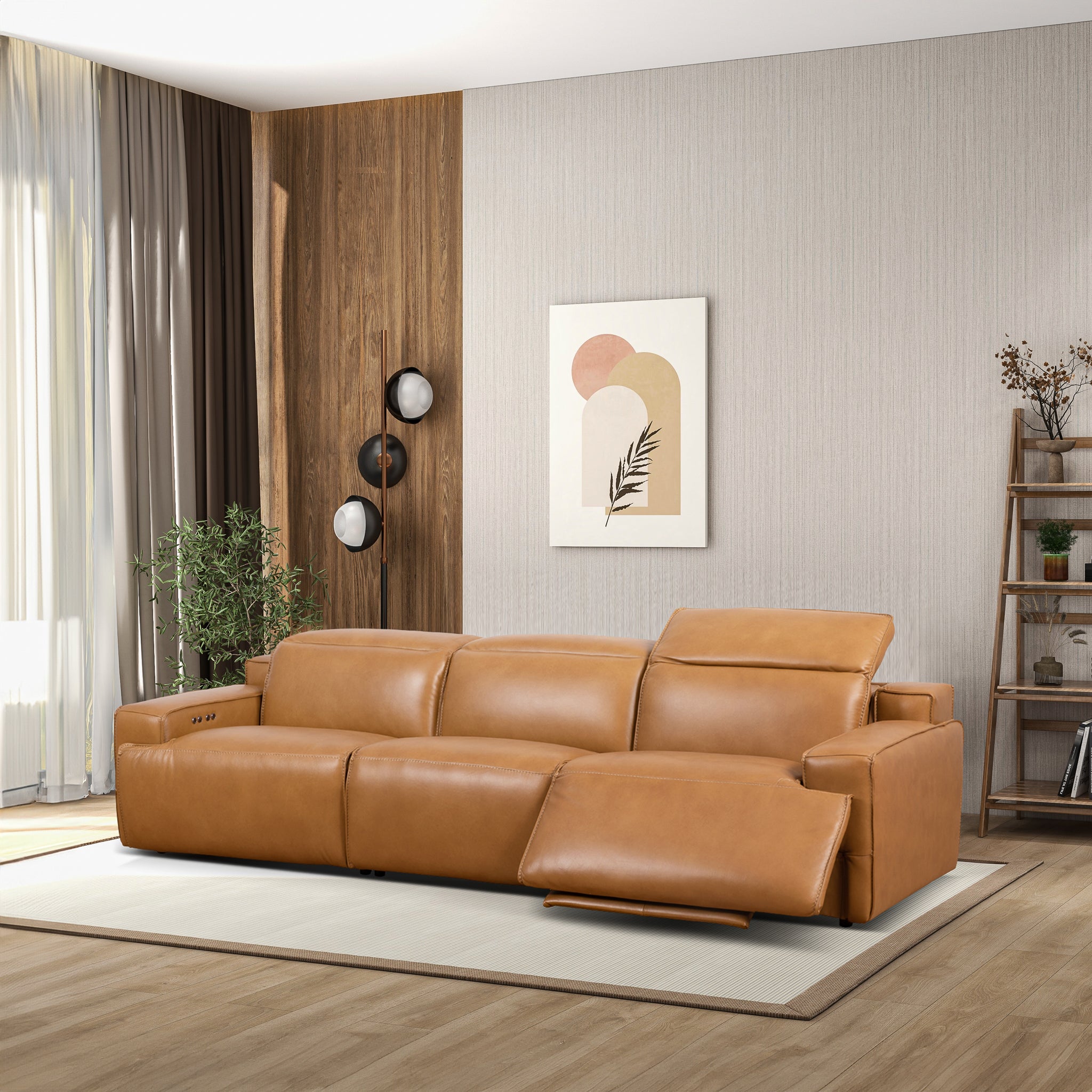 Urbana Triple PWR Tan Leather Recliner Sofa