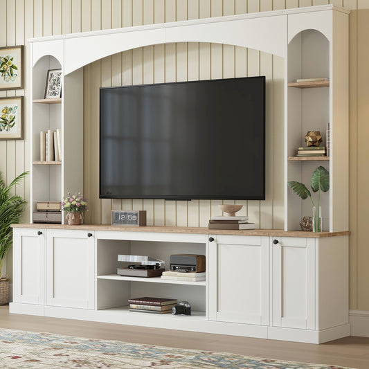 Elegant Arched Entertainment Center Wall Unit with Bookshelf, Farmhouse Large TV Stand with Wood Grain for TVs Up to 70', 91inch Stylish Media Console with Adjustable Shelves for Living Room, White