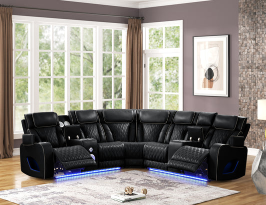 Fortuner Modern Style power recliner sectional with Bluetooth speaker and LED made with wood & metal, Massage Function Included -Black (NJ Inventory)