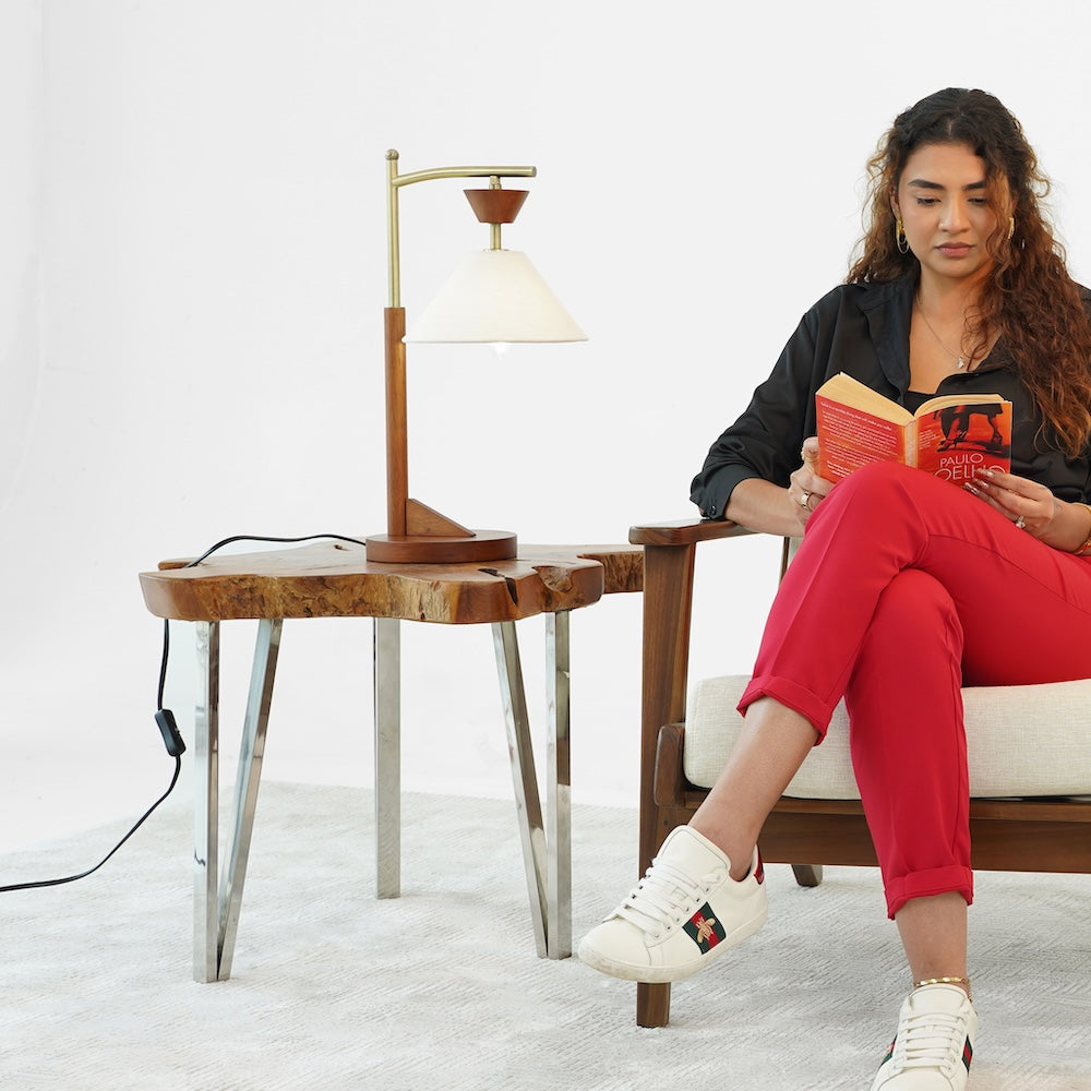 Dreamlight Table Lamp, Brown Solid Wood Base with Elegant Cone Linen Shade