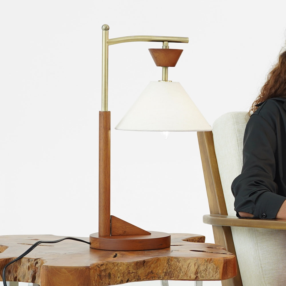 Dreamlight Table Lamp, Brown Solid Wood Base with Elegant Cone Linen Shade