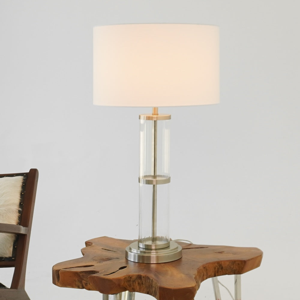 Echo Brushed Nickel Table Lamp with On/Off Switch Clear Glass Body  Metal Base