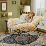 Outdoor Rocking Chair, Patio Egg Rocking Chair, Indoor Papasan Chair, Rattan Wicker Lounge Chair, Modern Royal Chair for Bedroom, Living Room, Porch, Garden,Lawn-Beige