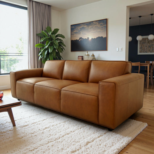 Hanky Mid-Century Modern Genuine Tan Leather Sofa