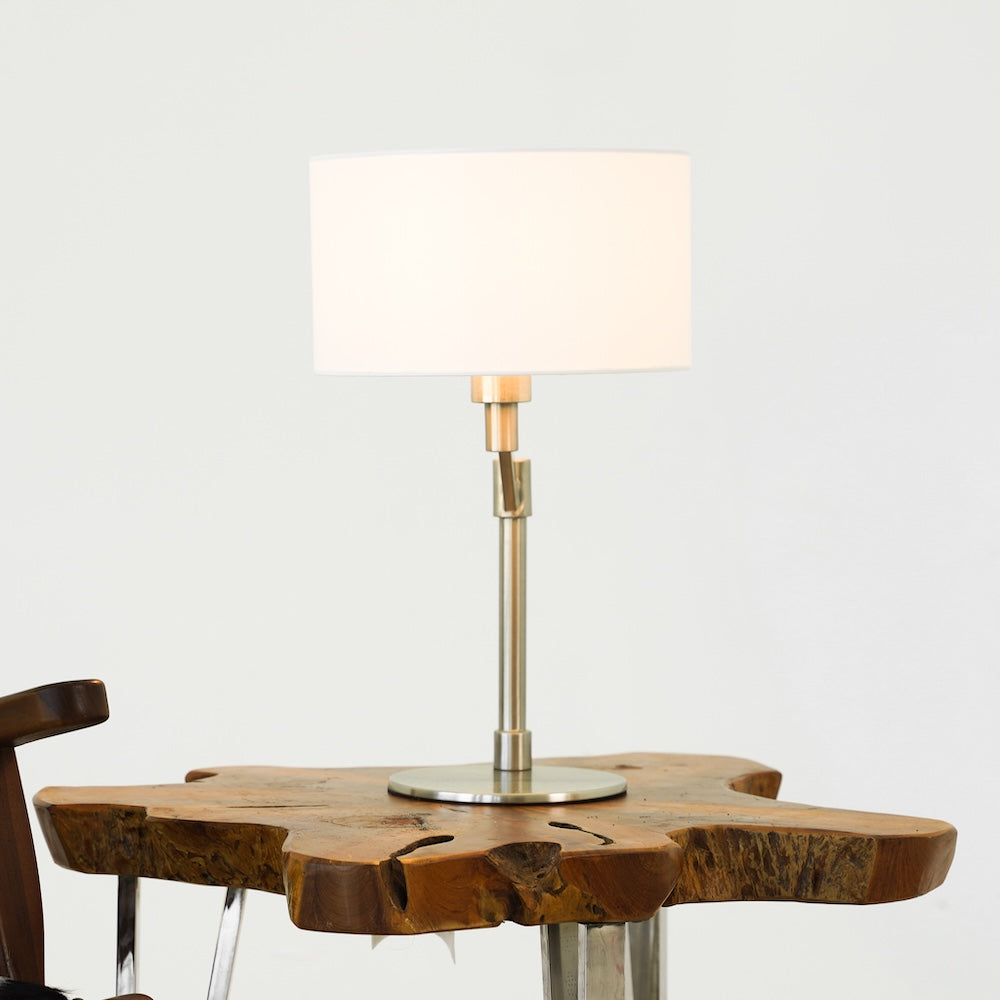 Horizon Brushed Nickel Table Lamp with On/Off Switch Curved Metal Base Linen Shade