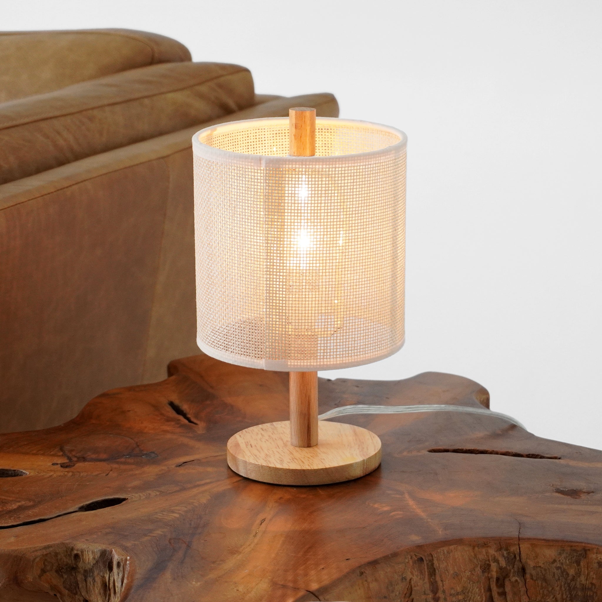 Levio Table Lamp, Natural Oak Wooden Base with Linen Shade