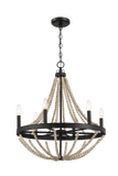 Starry Wood Chandelier Farmhouse Six Candle Light Wood Beaded Black Pendant Light for Dining Room