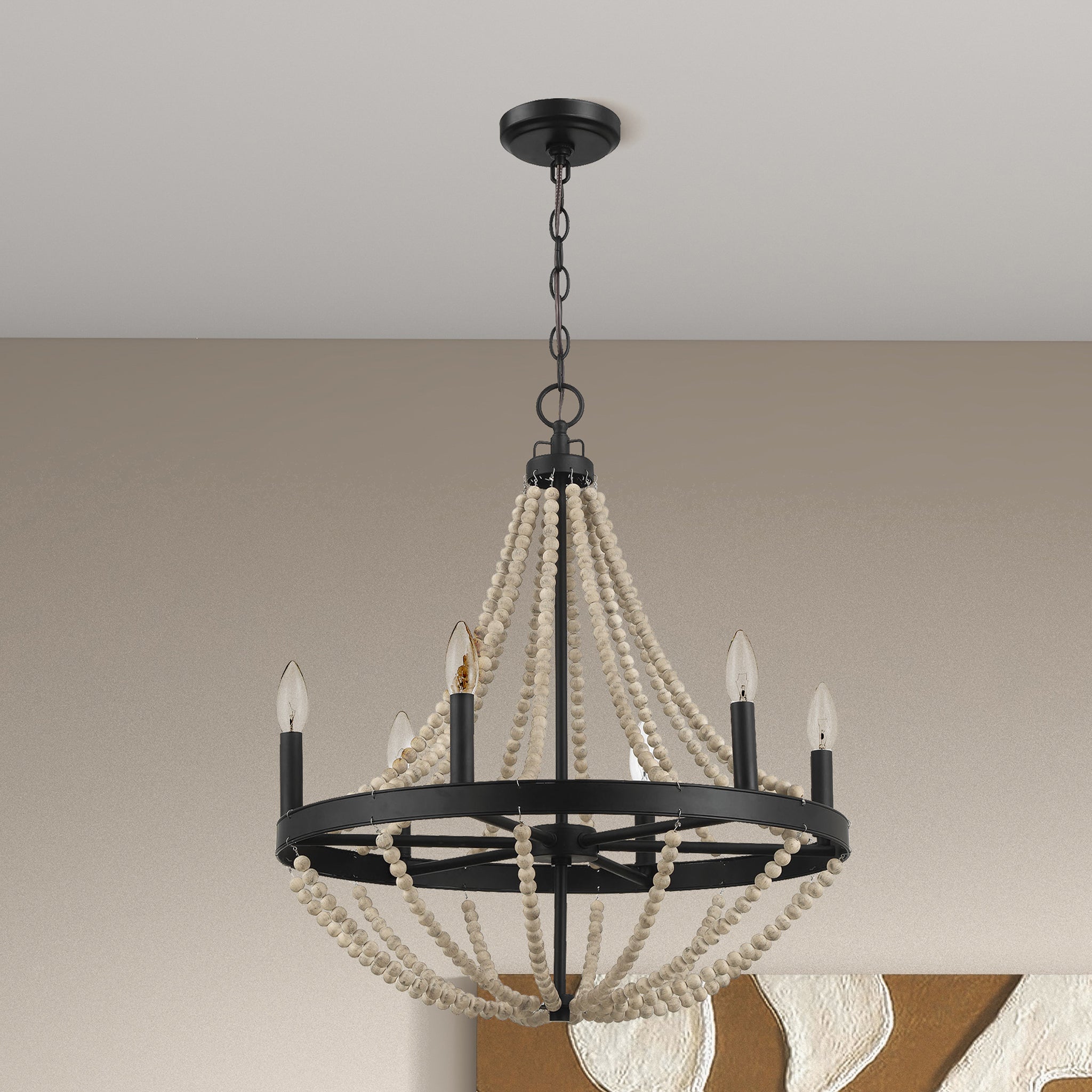 Starry Wood Chandelier Farmhouse Six Candle Light Wood Beaded Black Pendant Light for Dining Room