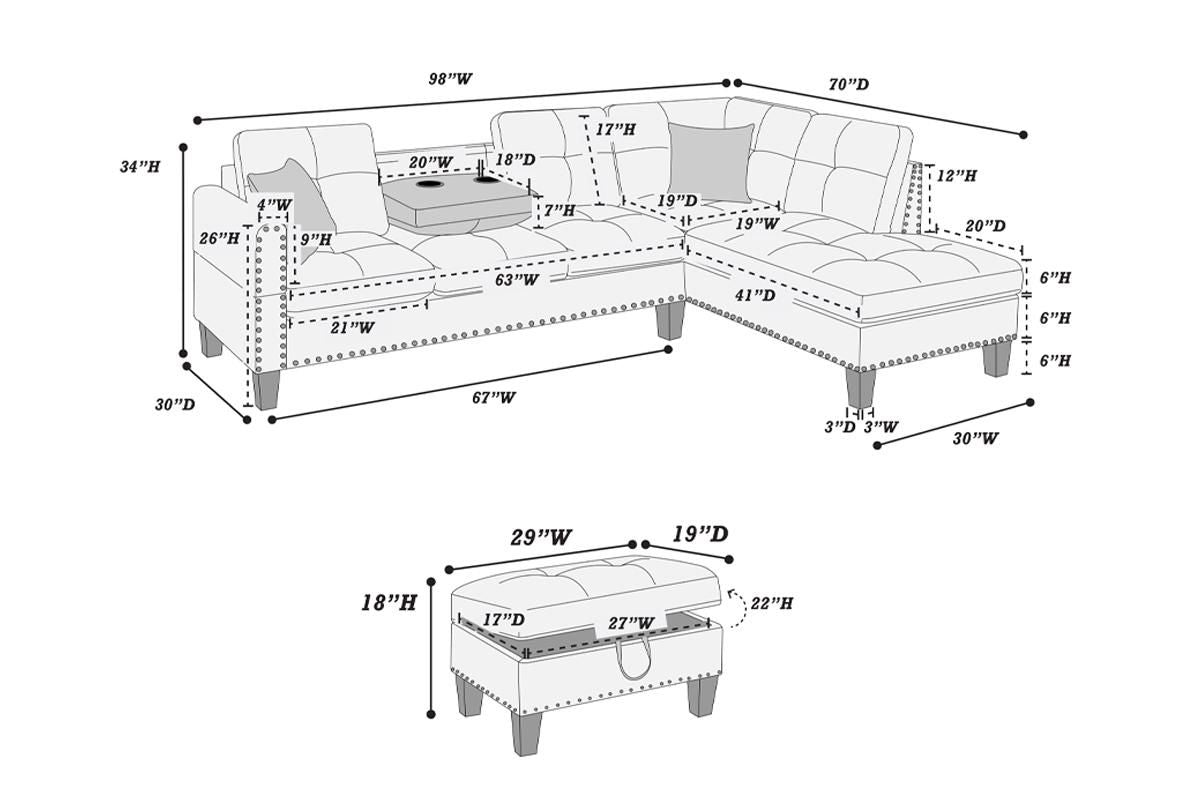 3-Piece Sectional Sofa (Charcoallinen-Like Fabric) - F8886